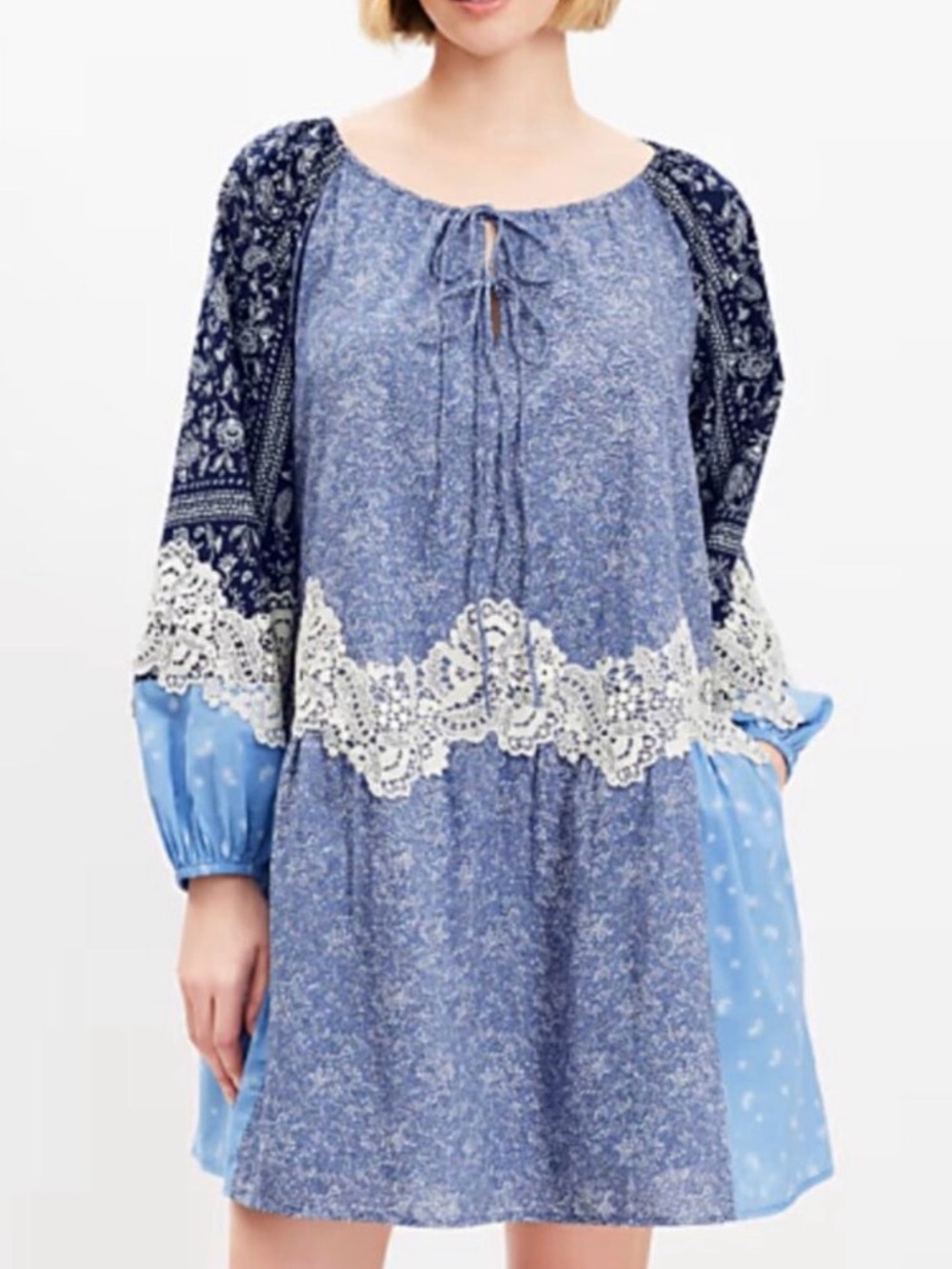 Ann Taylor Loft Mini Pocket Dress Lace Paisley Tie Medium Boho Prairie Country